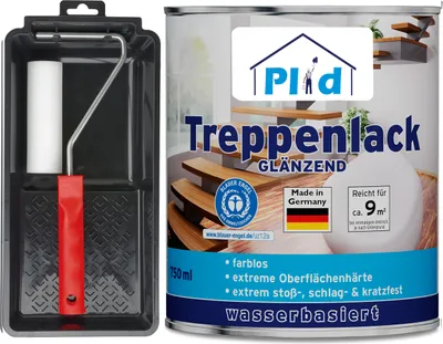 Produktbild von Plid® Treppenlack 0,75l Farblos Glänzend für ca. 9m² + Anstreichset – Treppensiegel & Klarlack für Holztreppen, Parkett & stark beanspruchte Flächen