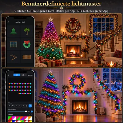 Image de Guirlande lumineuse LED de 200 ampoules, contrôlable par application, avec variateur d'intensité, minuterie, plus de 100 modes, longueur de 20 mètres, idéale pour la décoration de Noël, pour arbres, rampes, portes, couronnes