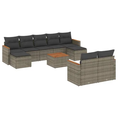 Produktbild von Garten-Sofagarnitur, 10-teilig, modular, Poly Rattan & Akazienholz, pulverbeschichteter Stahl, Grau, UV-beständig, mit Stauraum & waschbaren Kissen