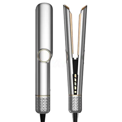 A studio shot of a hair dryer and hair straightener against a white background.