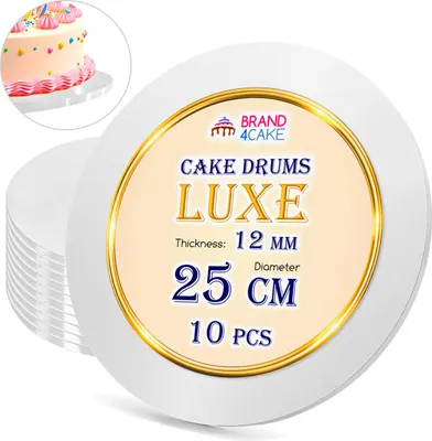 Obrázok produktu pre Základná doska na tortu biela 25 cm 1,2 cm Sada 10 okrúhlych bubnov na tortu Luxe Brand4Cake
