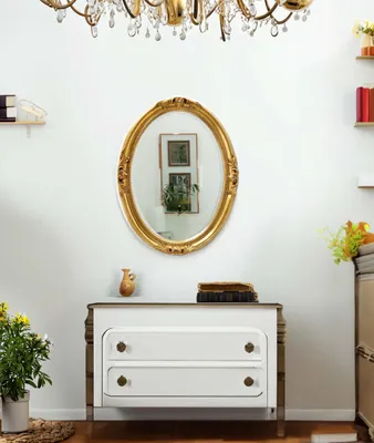 Immagine prodotto di MO.WA specchio da parete ovale classico stile barocco cm. 63x83 foglia oro. Specchio ovale con cornice in legno oro antico, specchio per soggiorno e camera da letto