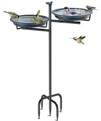 Immagine prodotto di Abbeveratoio per uccelli, vasca per uccelli, in metallo, blu scuro, 2-in-1, con doppio vano per acqua e cibo