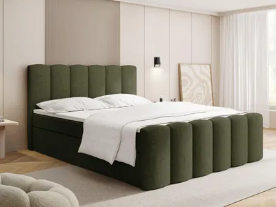 Produktbild von Boxspringbett mit Bettkasten – Polsterbett 120 x 200 cm mit H4 Taschenfederkern 7-Zonen Matratze & 5 cm Topper – Stauraumbett Serenity mit Hohem Kopfteil & Gepolstertem Fußteil – Grün Chenille