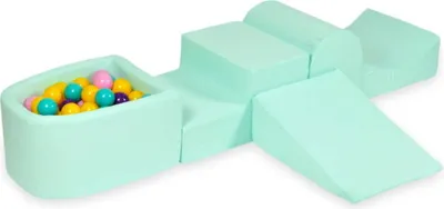Produktbild von Schaumstoff-Spielset mit Hügel und Mikro-Bällepool – Minze mit Bällebadbällen 100 Stück / Lila, Puderrosa, Türkis, Gelb