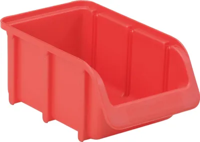 A red plastic storage bin is shown against a white background.