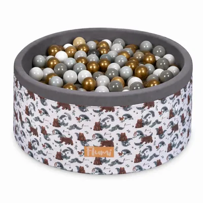 Produktbild von Flumi Bällebad Baby - Bällepool Kinder 90x40cm mit 200 Bällebad Bälle ∅ 7cm in EU hergestellt - Bärenjunge + Goldene Bälle