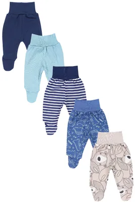 Produktbild von TupTam Baby Unisex Hose mit Fuß Bunte 5er Pack, Farbe: Dunkelblau Grün Dino Jeansblau Streifen Grau, Größe: 80