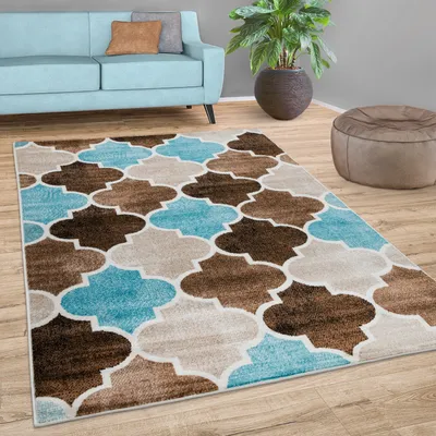 Produktbild von Teppich Wohnzimmer Marokkanisches Muster Kurzflor Modern In Beige Blau Braun Grösse 60x100 cm