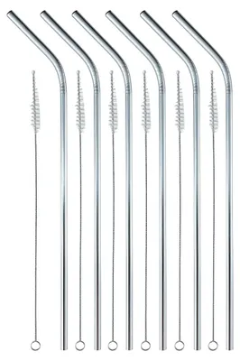 Produktbild von 12-teiliges Edelstahl Strohhalm Set – 6 Wiederverwendbare Metall Trinkhalme gebogen (ca.20 cm) + 6 Reinigungsbürsten – Spülmaschinengeeignet, Umweltfreundlich – Für Smoothies, Cocktails, Eiskaffee"