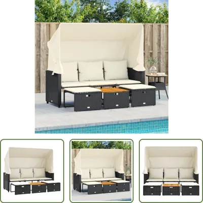 Zdjęcie produktu dla The Living Store Sofa ogrodowa 3-osobowa z dachem i stołkami z czarnego polirattanu