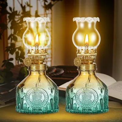 Petroleumlampe 2er-Set, Glas, 8x8x17 cm, einstellbare Helligkeit
