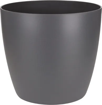 A plain, studio shot of a dark gray plant pot.