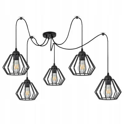 A black spider pendant light with five diamond-shaped wire cages, each holding an Edison-style bulb, suspended from a central ceiling mount by black cords.