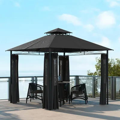 Produktbild von Gartenpavillon 3x3m zweistöckiges Dach, Partyzelt Seitenvorhänge, Pavillon Metall Polyester, Dunkelgrau | 300x300x288 cm | 29 kg | wetterfest
