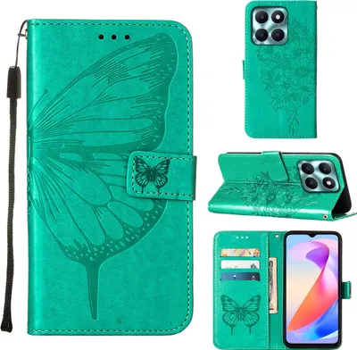 Produktbild von Lederhülle für Honor X6A Schmetterling Prägung Flip Ledertasche Kartenfächer Handyhülle mit Ständer Grün