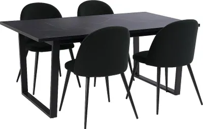 A black dining table with four black chairs.