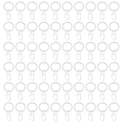 Image de 60 anneaux métalliques blancs pour rideaux (30 mm) avec crochets, 60 crochets pour rideaux et 60 crochets en plastique pour rideaux, anneaux blancs pour tringles à rideaux