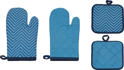 Produktbild von Betz Küchen Set 4-teilig bedruckt  2 Handschuhe 2 Topflappen Farbe blau