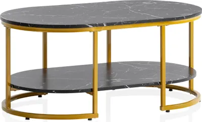 Produktbild von WOHNLING Couchtisch 100x60x45 cm Schwarz mit Marmor Optik Wohnzimmertisch Rechteckig Lounge Sofatisch mit Ablage Kaffeetisch Modern mit goldenem