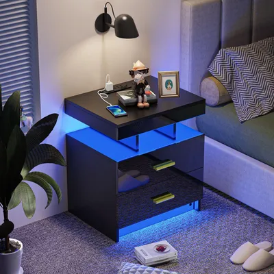 Produktbild von Nachttisch mit Steckdose,Nachtschrank mit Led Licht,Einstellbare Farben,Nachtkommode mit 2 Schubladen,Hochglanz Beistelltisch Kommode 40x35x58cm
