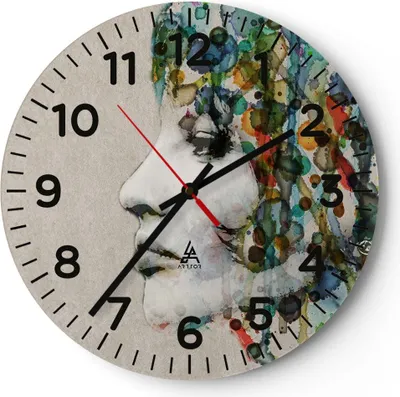 Produktbild von Wanduhr - Rund - Glasuhr - Gesicht Frau - 40x40cm - Schleichendes Uhrwerk - Lautlos - zum Aufhängen bereit - Dekoration Modern - Wanddekoration aus Glas - C4AR40x40-3533