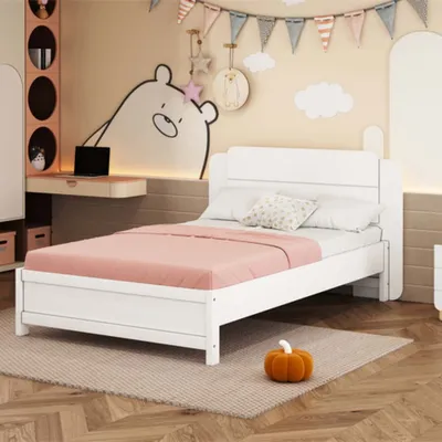 Image de AIORBER Lit d'enfant, 90x200 cm, design rectiligne, tête de lit avec, structure solide, bois massif, haute qualité, surface lisse, blanc