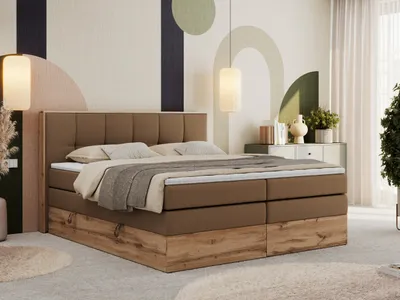 Produktbild von MKS MEBLE Boxspringbett, Doppelbett mit zwei Multipocket-Matratzen ALBERO 1 KING, Bettkästen und Kopfteil, Holzkiste in Wotan-Eichenfarbe - 200x200 cm - H4 - Braun Kunstleder