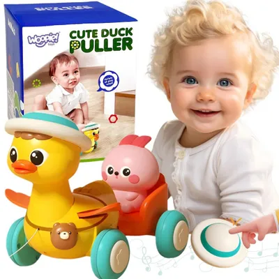 Image de WOOPIE BABY : Canard jaune avec un lapin rose dans une remorque à tirer