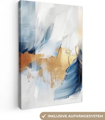 Produktbild von Wandbilder wohnzimmer 80x120 cm - Abstrakt und Modern - Blau - Weiß - Gold, Leinwand Bilder, Wanddeko, Gemälde