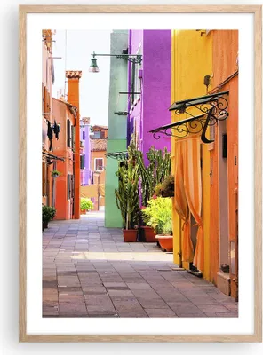 Produktbild von Gerahmtes Poster - Rahmen in heller Eiche - Sommer Straße Haus - 50x70 cm - Wand Bild - Wanddeko - Wandbilder - Wandposter - Bilderrahmen - Bilder - Kunstdruck - Wandbild - P2NPA50x70-3583
