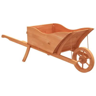 A wooden wheelbarrow on a white background.