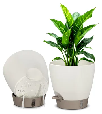 Produktbild von Selbstbewässernder Blumentopf aus Kunststoff mit Wasserstandsanzeige, Docht-Bewässerungssystem und 400 ml Wasserreservoir, 2er Set, Sanftweiß & Steingrau, Ø 20 cm