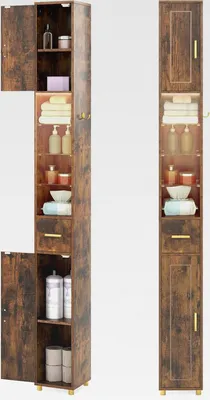 Produktbild von Badezimmerschrank mit Beleuchtung, Badschrank Hochschrank mit Schublade & 3 Glasablagen, schmaler Schrank Holz, inkl. seitlichem Haken, Aufbewahrungsschrank 20 x 20 x 181cm (Vintage)