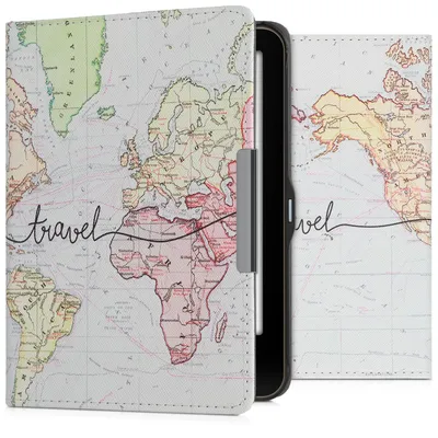 Produktbild von kwmobile Schutzhülle für Tolino Vision 1 / 2 / 3 / 4 HD Hülle - eReader Flip Case mit Auto Sleep Funktion - Travel Schriftzug mit Schwarz Mehrfarbig
