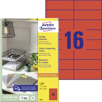 Produktbild von Avery Zweckform 3452 Farbige Etiketten, A4, 105 x 37 mm, 100 Bogen/1.600 Etiketten, rot