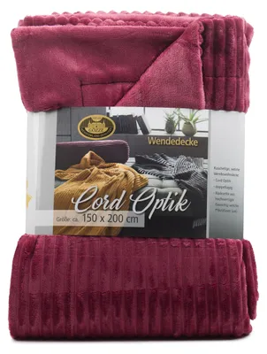 Produktbild von GÖZZE Cord Wohndecke kuschelige Mikrofaser-Wendedecke in Cordoptik mit samtweicher Rückseite Beere Rot 150 x 200 cm