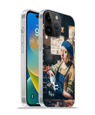 Produktbild von MuchoWow® Handyhülle Schutzhülle Hülle für Apple iPhone 14 Pro Max Mädchen mit Perlenohrring - Cappuccino - Barista - Vermeer - Kaffee - Gemälde Silikon Softcase Handy Hülle - Hardcover