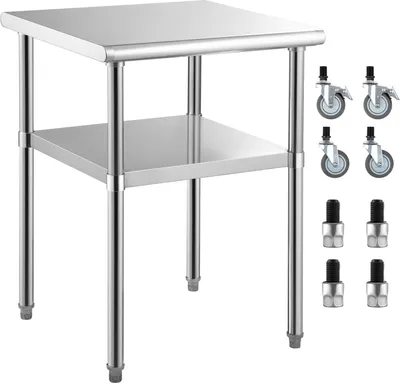 Produktbild von SucceBuy-Zubereitungstisch aus Edelstahl, 24 x 24 x 36 Zoll, 600 lbs Tragkraft, robuste Metallarbeitsstation mit verstellbarem Unterregal und Universalrädern, für gewerbliche Küche, Garage und Garten