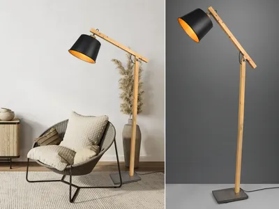 Produktbild von Skandinavische LED Stehlampe mit Holz und Metall Lampenschirm Schwarz Gold 156cm
