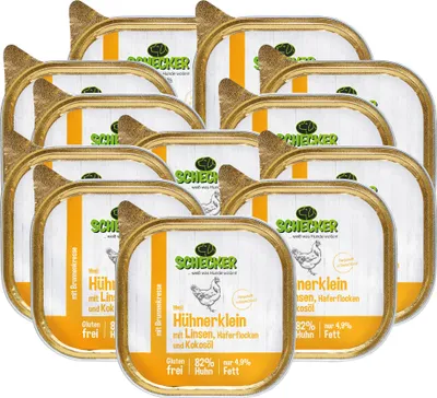 Produktbild von Schecker 12 x 200 g -  Nassfutter Dosenfutter mit 82% Huhn Hühnerklein mit Linsen Haferflocken