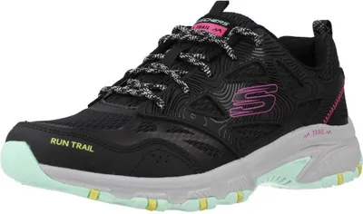 A single black Skechers women's running shoe is shown from a side angle against a white background.