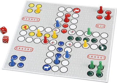 A board game with pawns and dice on a patterned board.