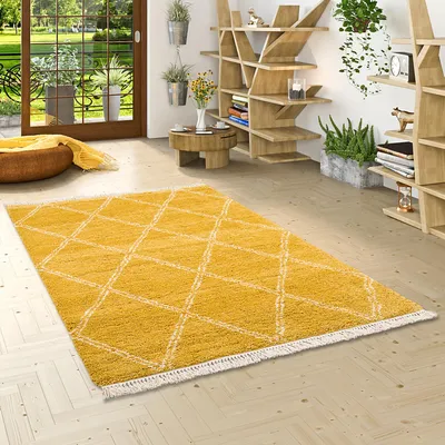 Produktbild von Hochflor Langflor Shaggy Teppich Boho Rauten Curry , Größe:200x290 cm