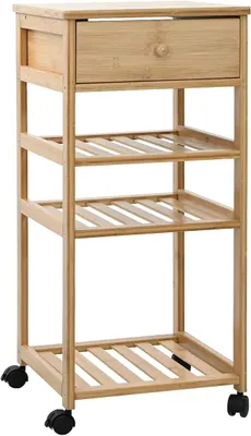 Imagen del producto de Carrito de cocina con ruedas, carro de servicio de bambú, color natural, 37x36x80 cm