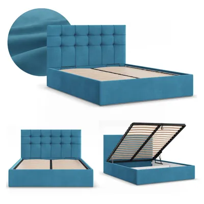 Produktbild von Polsterbett 160x200 cm mit Lattenrost, Doppelbett mit Bettkasten, Stauraumbett mit Kopfteil, hochklappbar, Samtstoff, Blau Meeresfarbe SORIA 160 x 200
