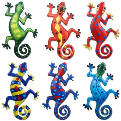 Image de Lot de 6 décorations murales en métal avec des motifs de geckos, sculptures de lézards de 23 cm de large, œuvres d'art inspirantes pour la terrasse, la pelouse, la clôture, l'intérieur et l'extérieur, pour la maison, la chambre à coucher, le bureau, le jardin.