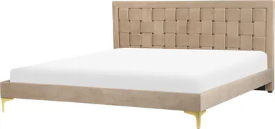 Produktbild von BELIANI Bett Taupe Samtstoff mit Lattenrost 180 x 200 cm Hohes Kopfteil Goldenes Metallgestell Modern Glamourös Doppelbett Ehebett Schlafzimmer Möbel