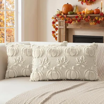 Produktbild von Kissenbezüge 2er Set Kürbis Ahornblatt 30x50 cm Beige Plüsch Samt Herbst Deko