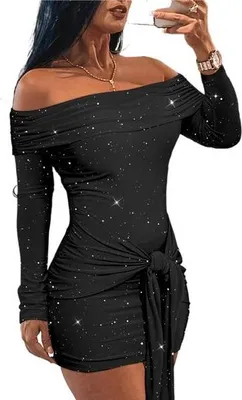 Produktbild von Damen y Langarm Minikleid Schulterfrei Figurbetontes Party Party- und Ausgehkleid für formelle Hochzeitsgäste, Schwarz, S